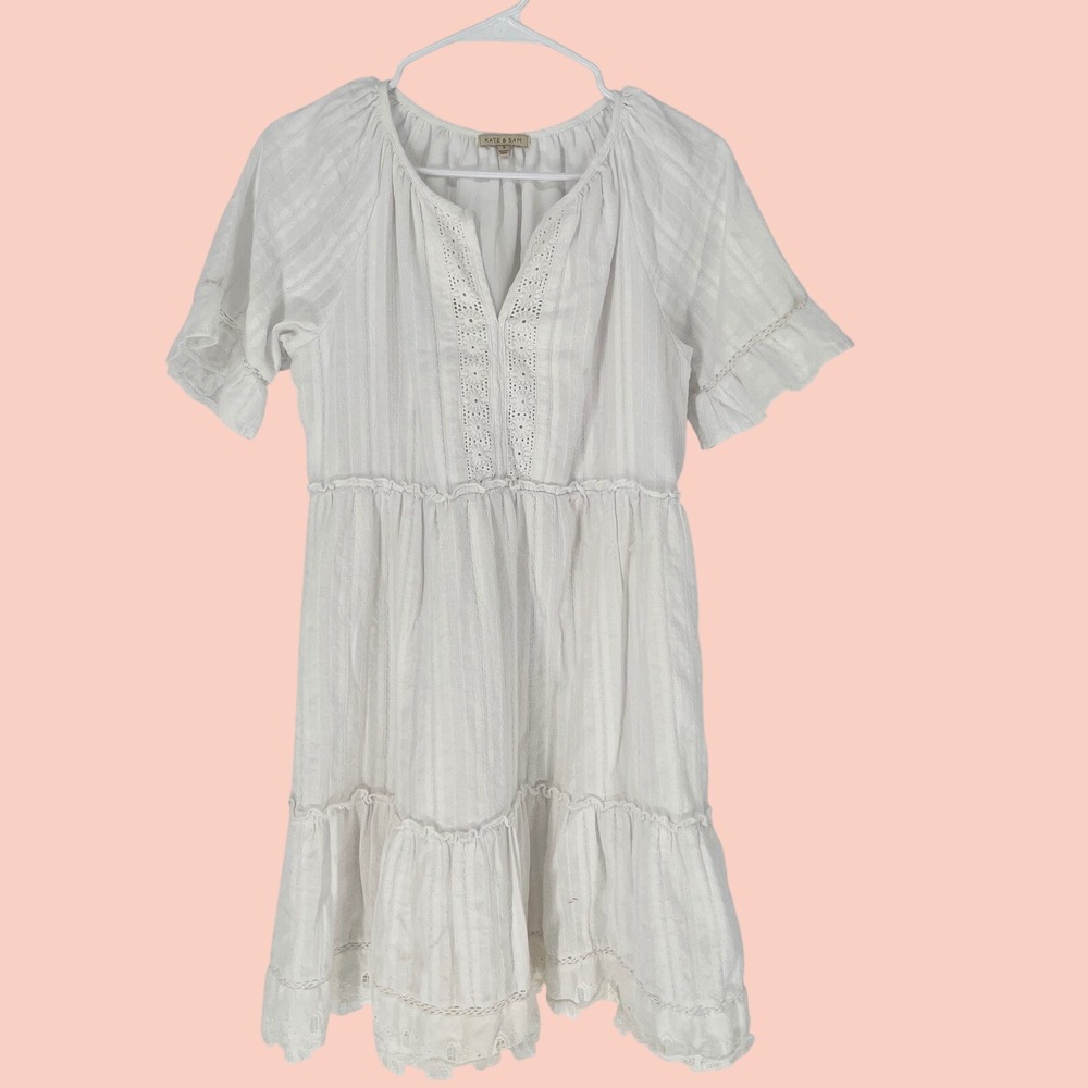 KATE & SAM Tiered Mini‎ Dress Women Size S White Eyelet Ruffle Lace Boho Summer
